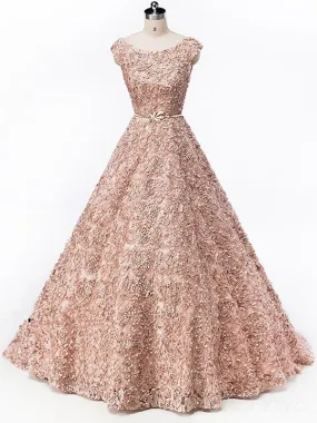 Cap Sleeves Soop Rose Gold Lace Long Evening Prom Dresses, Cheap Party Prom Dresses, 18612