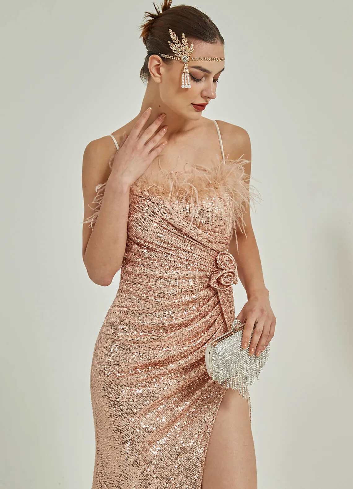 Champagne Gold Luxury Feather Spaghetti Straps Sequin Maxi Formal Gown