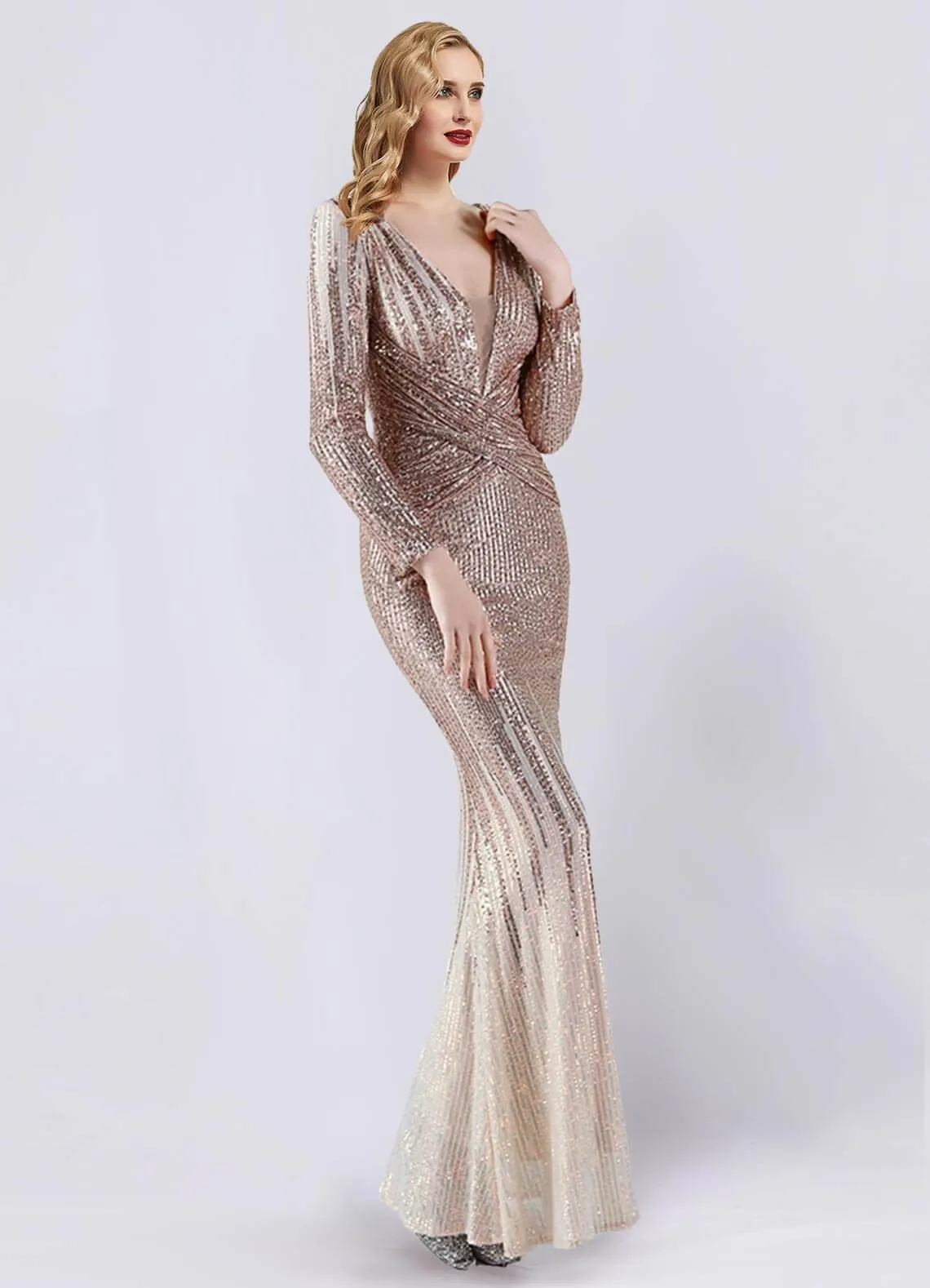 Champagne Gold Sequin Long Sleeve V-Neck Floor Length Formal Gown For Party