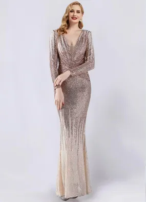 Champagne Gold Sequin Long Sleeve V-Neck Floor Length Formal Gown For Party