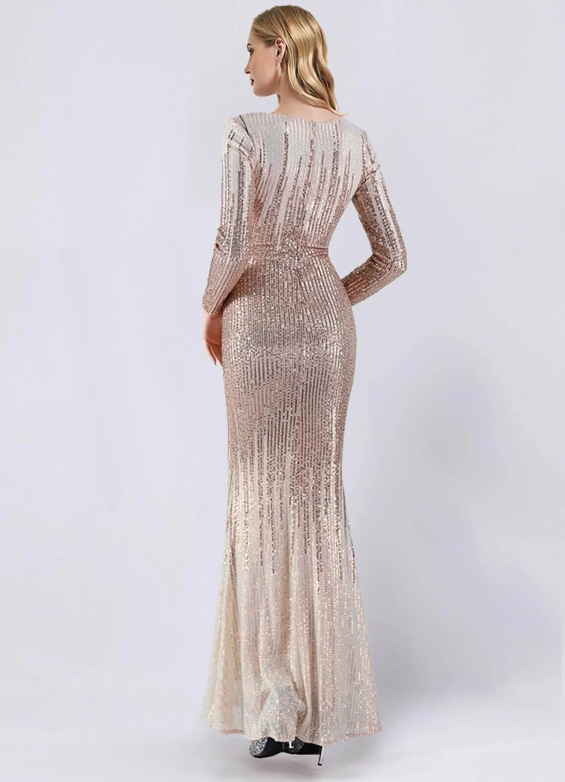 Champagne Gold Sequin Long Sleeve V-Neck Floor Length Formal Gown For Party