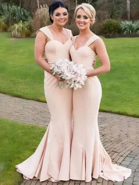 Champagne Mermaid Long Bridesmaid Dresses, Mermaid Champagne Satin Long Prom Formal Evening Dresses