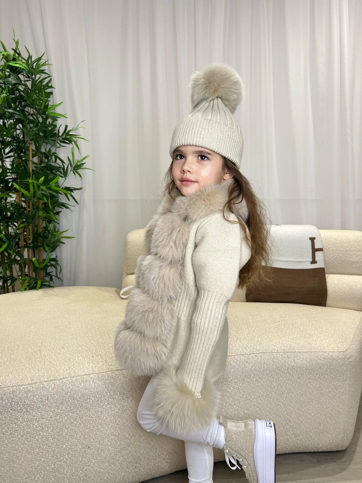 Childrens Beige Luxury Fur Cardigan