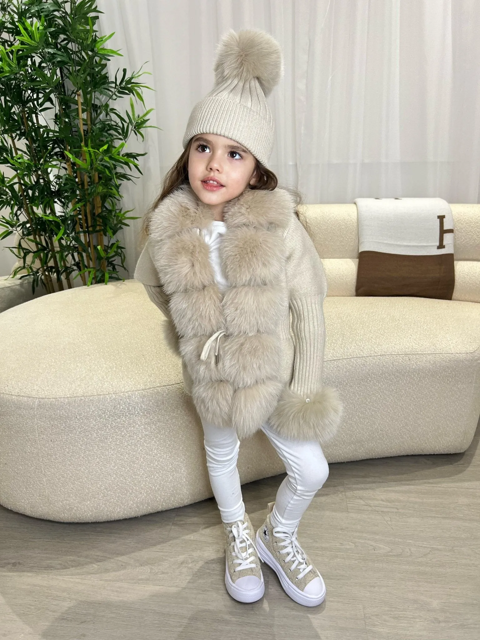 Childrens Beige Luxury Fur Cardigan