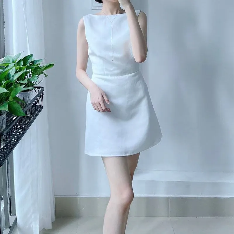 Classic Plain Silky Satin V Back High Waisted Sleeveless Short Dress Formal