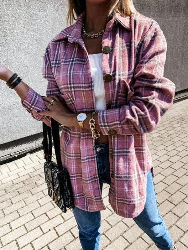 Colorblock Plaid Faux Wool Jacket Flannel Shirt Jacket