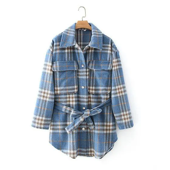 Colorblock Plaid Faux Wool Jacket Flannel Shirt Jacket