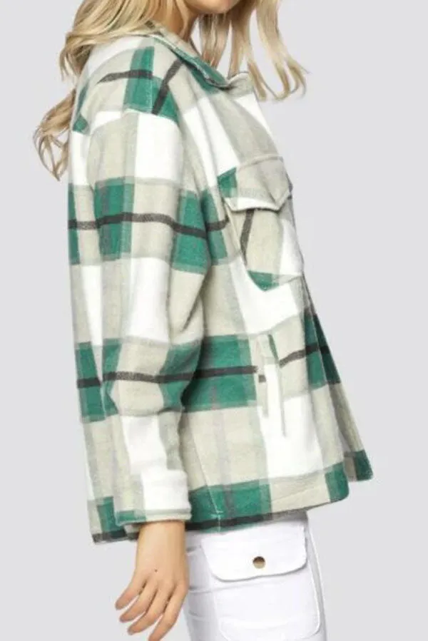 Colorblock Plaid Faux Wool Jacket Flannel Shirt Jacket