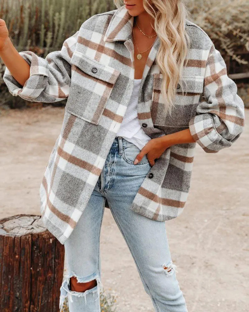 Colorblock Plaid Faux Wool Jacket Flannel Shirt Jacket