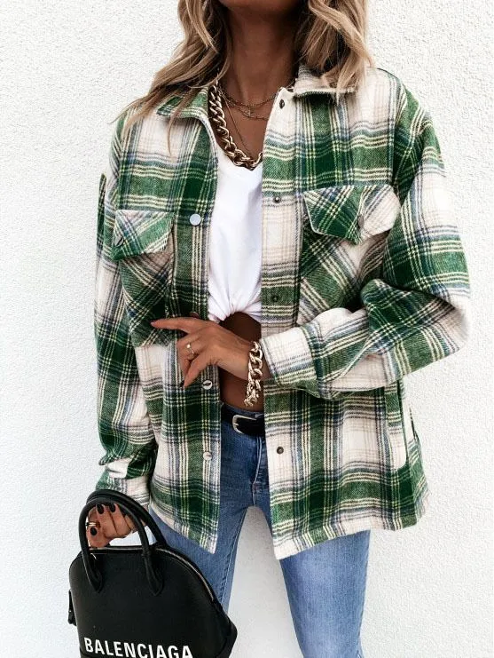 Colorblock Plaid Faux Wool Jacket Flannel Shirt Jacket