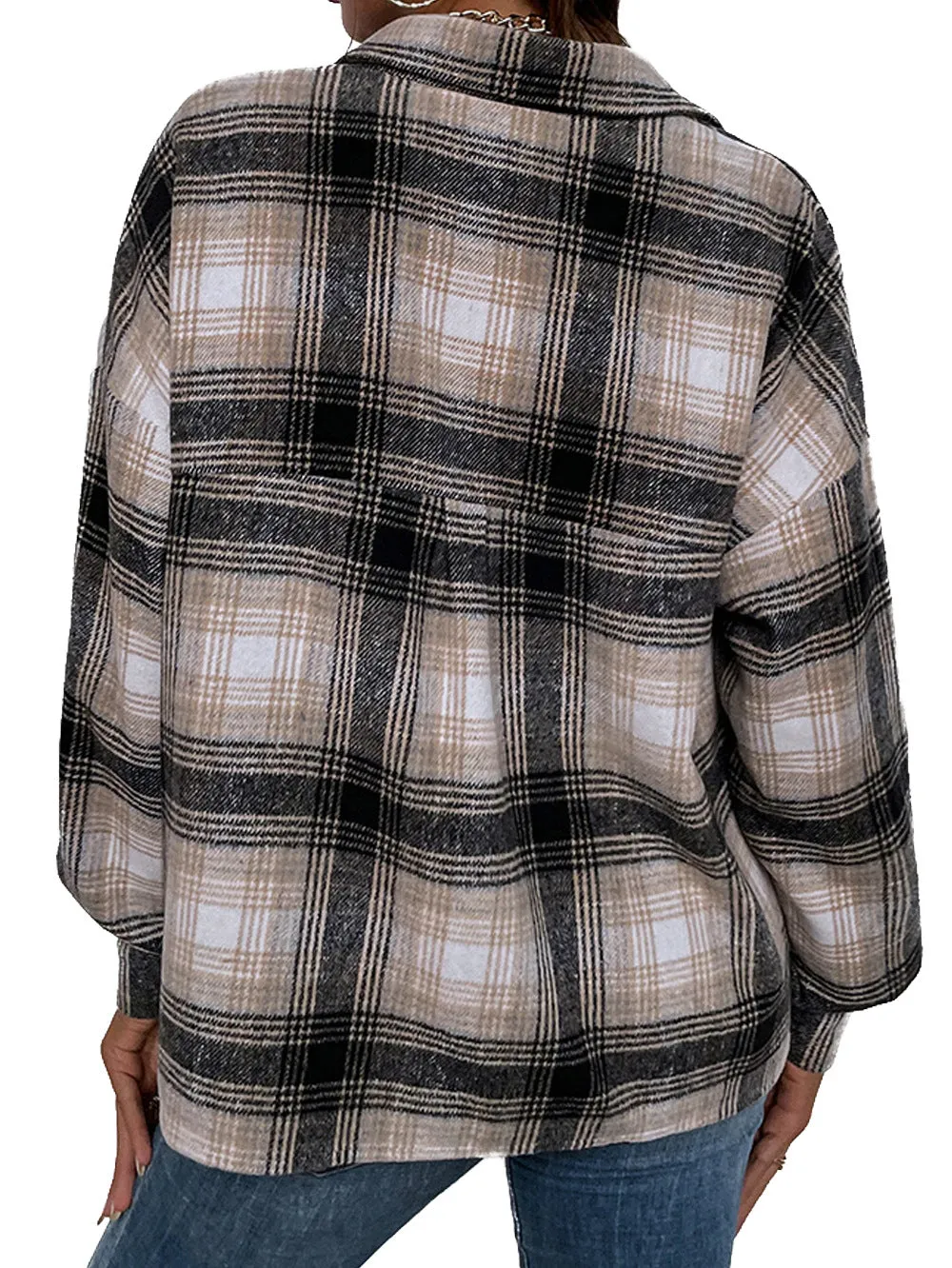 Colorblock Plaid Faux Wool Jacket Flannel Shirt Jacket