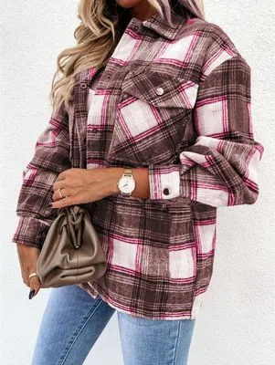 Colorblock Plaid Faux Wool Jacket Flannel Shirt Jacket