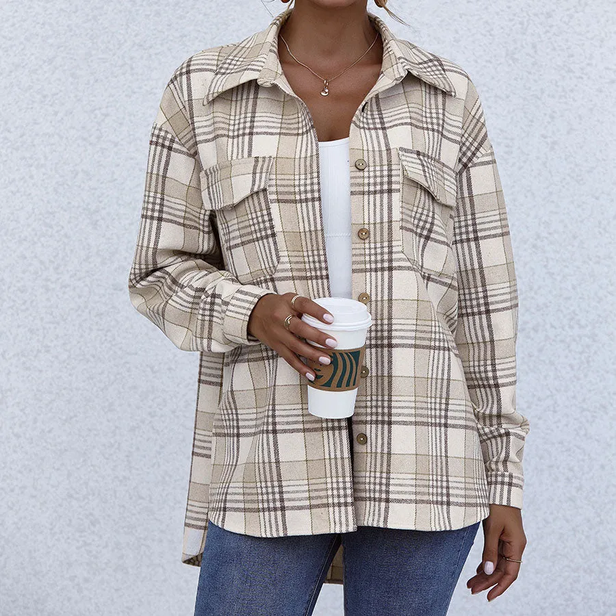 Colorblock Plaid Faux Wool Jacket Flannel Shirt Jacket