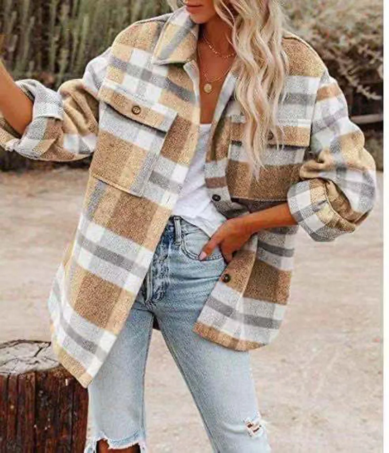 Colorblock Plaid Faux Wool Jacket Flannel Shirt Jacket