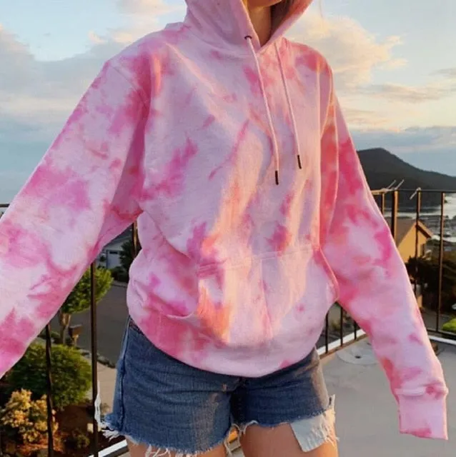 Cotton Colorful Women Hoodies oversized clothes Tie Dye Printed Long Sleeve Hooded Women's Tops Korean Loose Pullover Sweatshirt