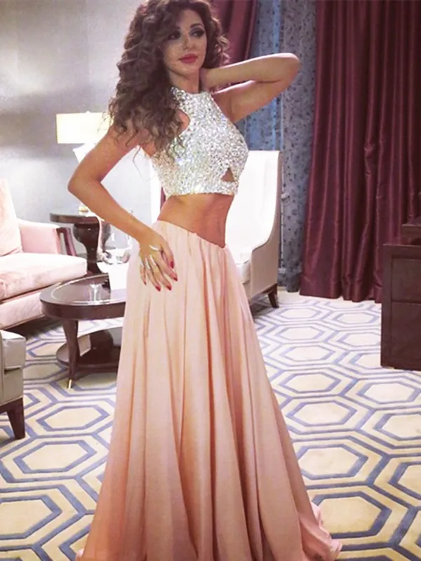 Custom Made 2 Pieces Pink Long Prom Dresses, 2 Pieces Formal Dresses