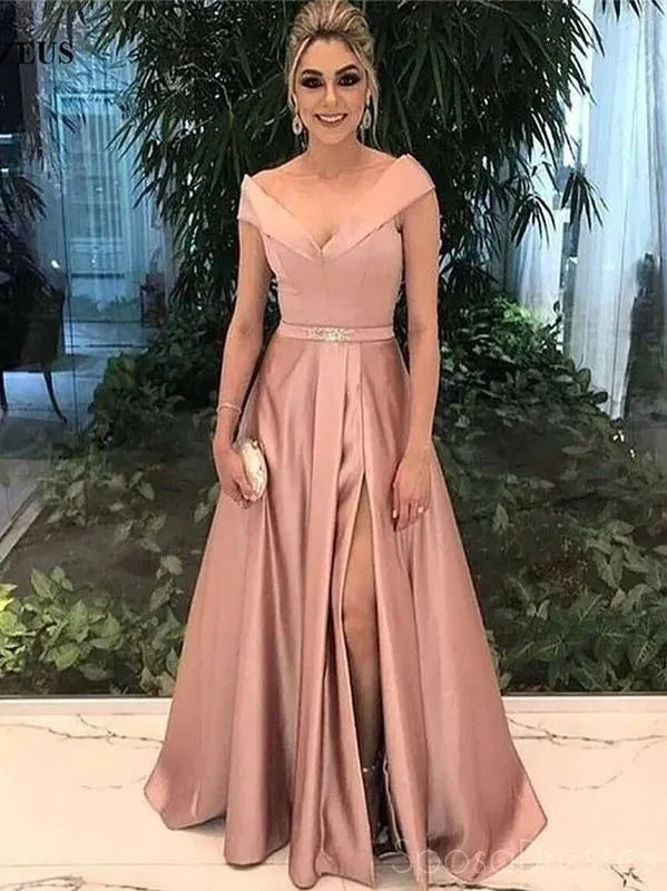 Dusty Pink V Neck  Cheap Long Prom Dresses, Evening Prom Dresses, 12375