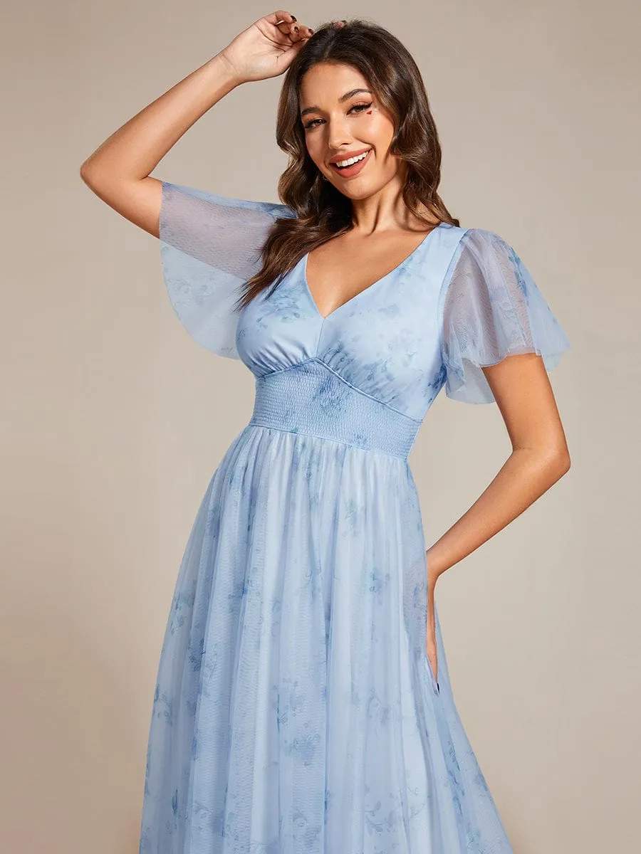 Eleganct Floral Tulle V-Neck Short Sleeve Formal Evening Dress