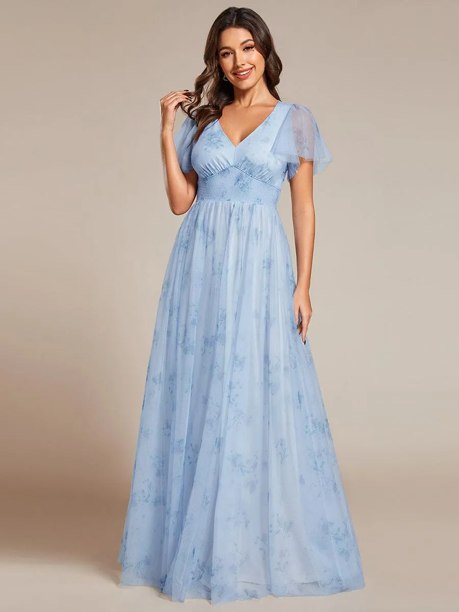 Eleganct Floral Tulle V-Neck Short Sleeve Formal Evening Dress