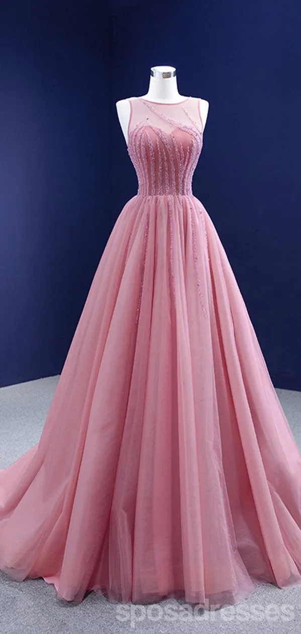 Elegant Pink A-line Illusion Long Party Prom Dresses, Dance Dresses,12546