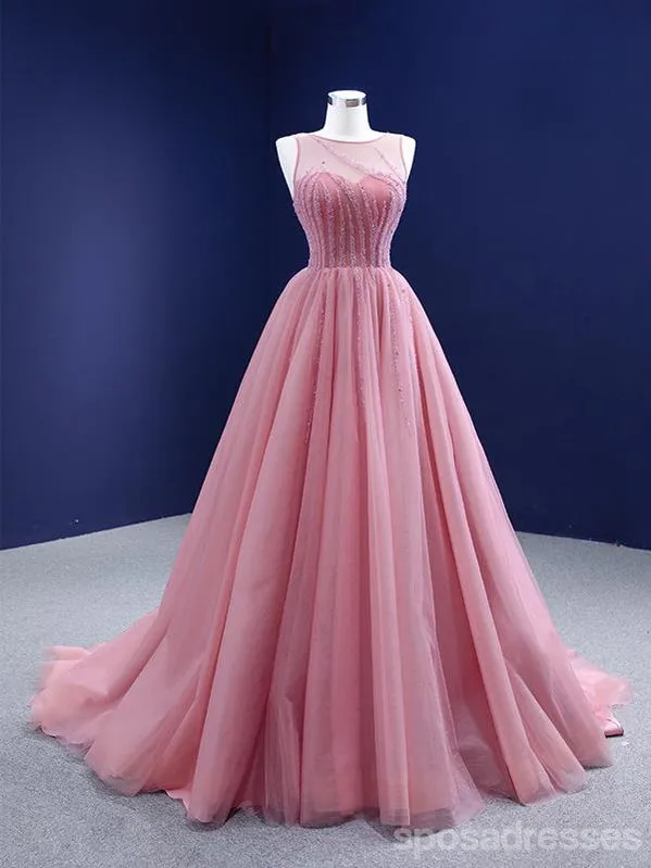 Elegant Pink A-line Illusion Long Party Prom Dresses, Dance Dresses,12546