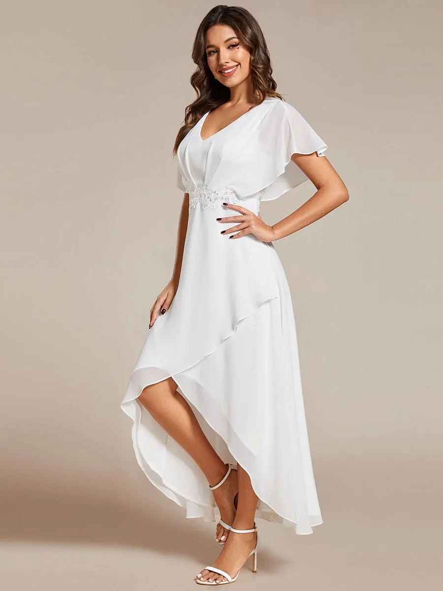 Elegant Short Sleeves A-Line Waist Applique Formal Dress with Lotus Leaf Hem