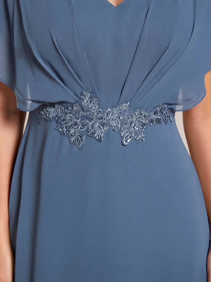 Elegant Short Sleeves A-Line Waist Applique Formal Dress with Lotus Leaf Hem