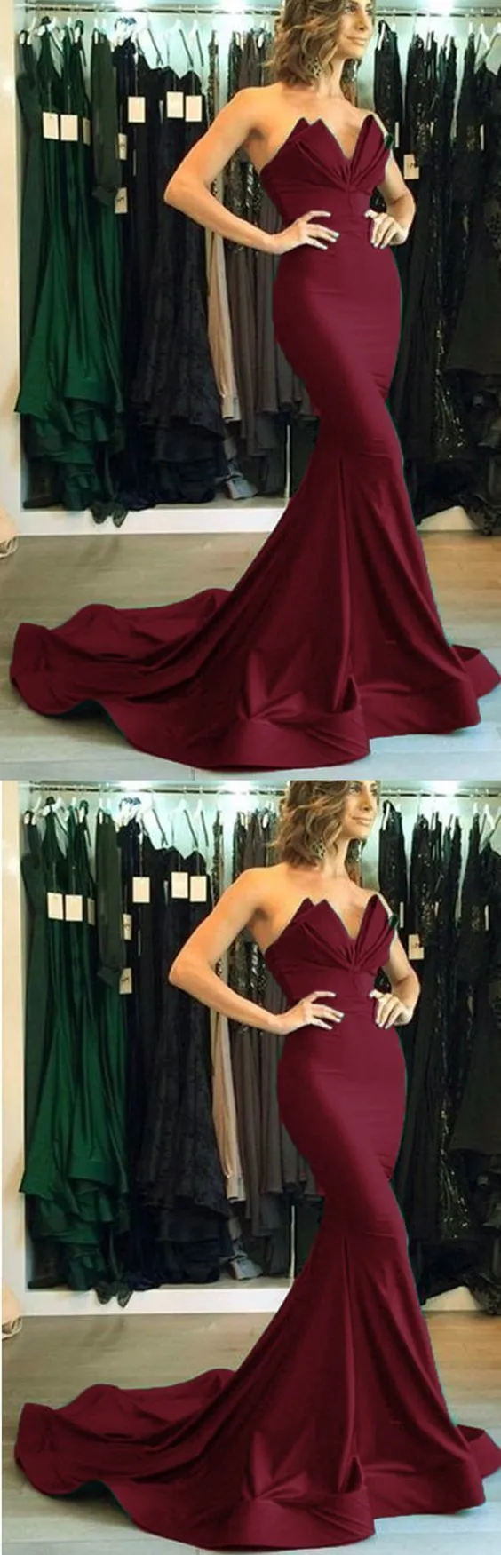 Elegant Strapless Burgundy Prom Dresses Mermaid Evening Dresses Long Women Satin Formal Gowns  cg6456