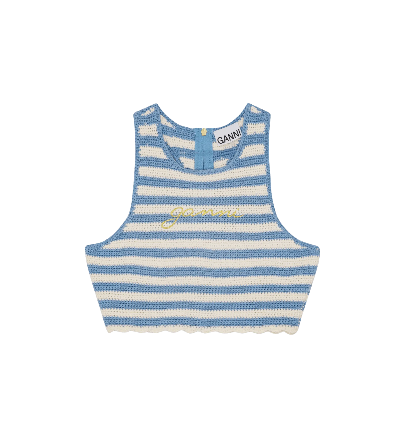 GANNI Blue Crochet Racerback Top