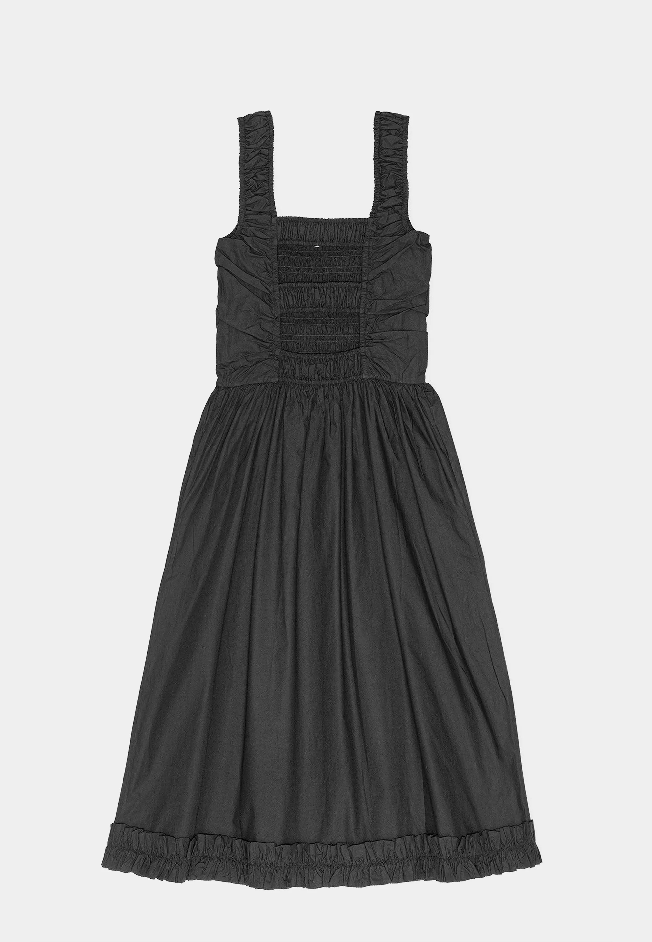 Ganni Cotton Poplin Midi Strap Smock Dress Black