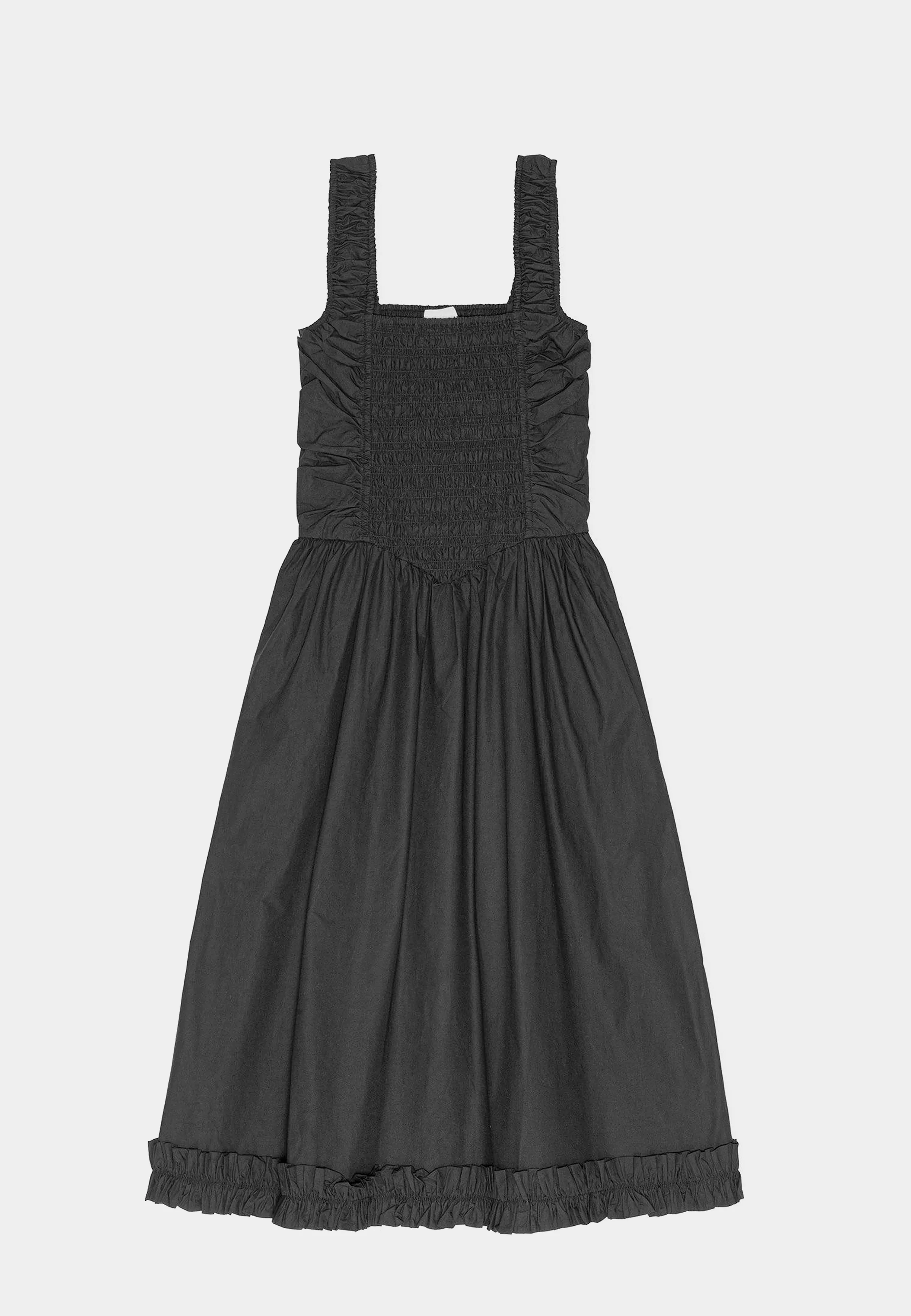 Ganni Cotton Poplin Midi Strap Smock Dress Black