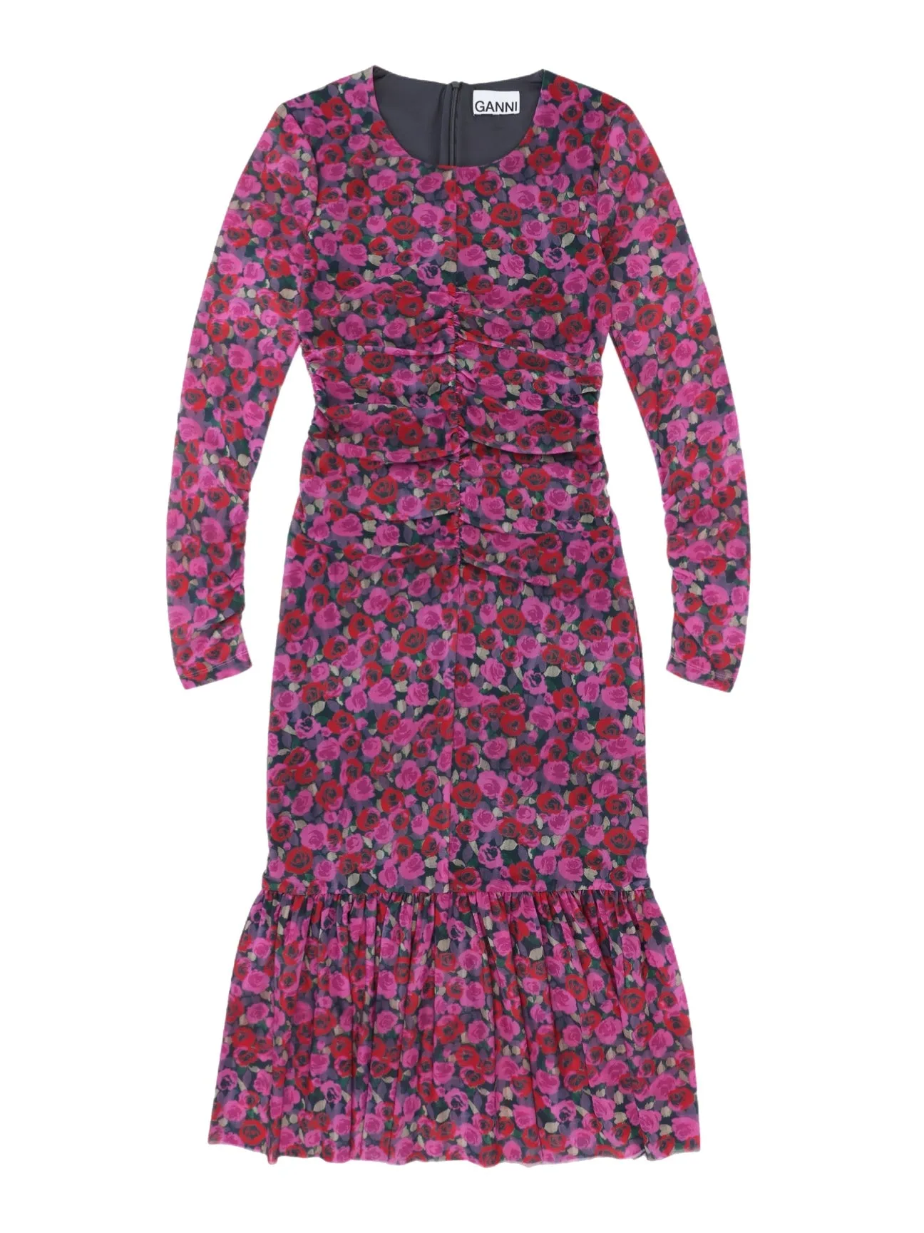 Gorgeous Ganni Gathered Midi Dress with Long Sleeves and Printed Mesh Pattern