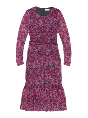 Gorgeous Ganni Gathered Midi Dress with Long Sleeves and Printed Mesh Pattern