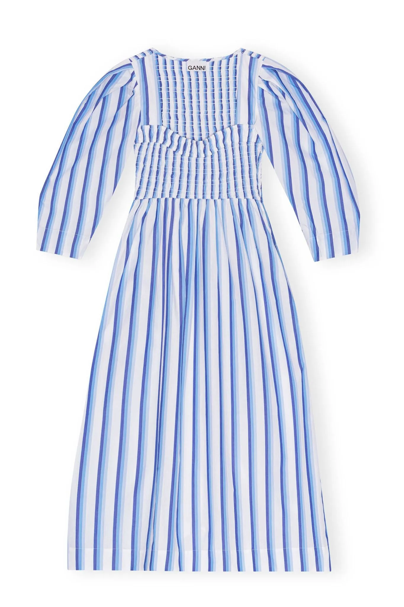 Ganni Stripe Cotton Open-neck Smock Long Dress