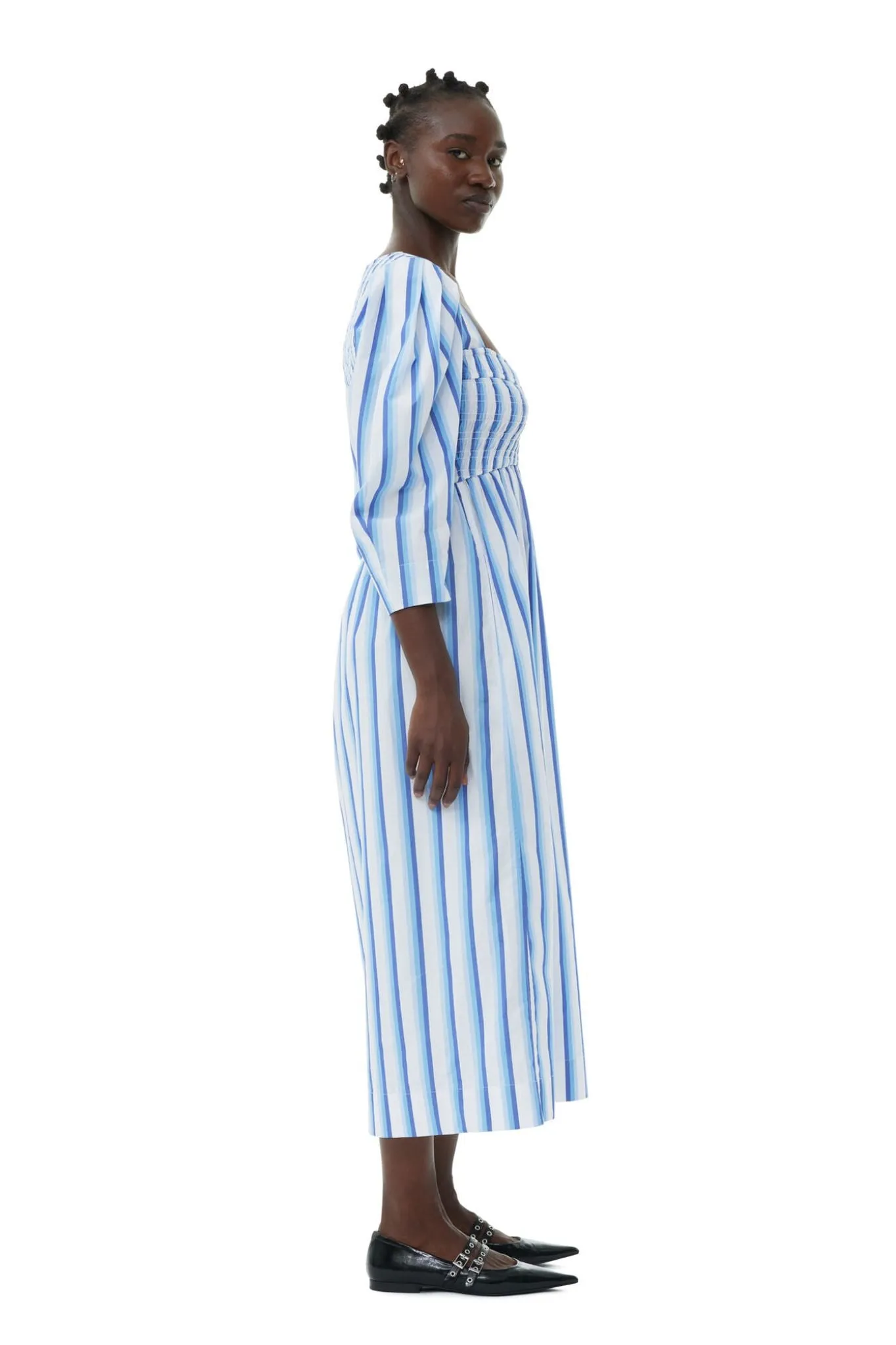 Ganni Stripe Cotton Open-neck Smock Long Dress