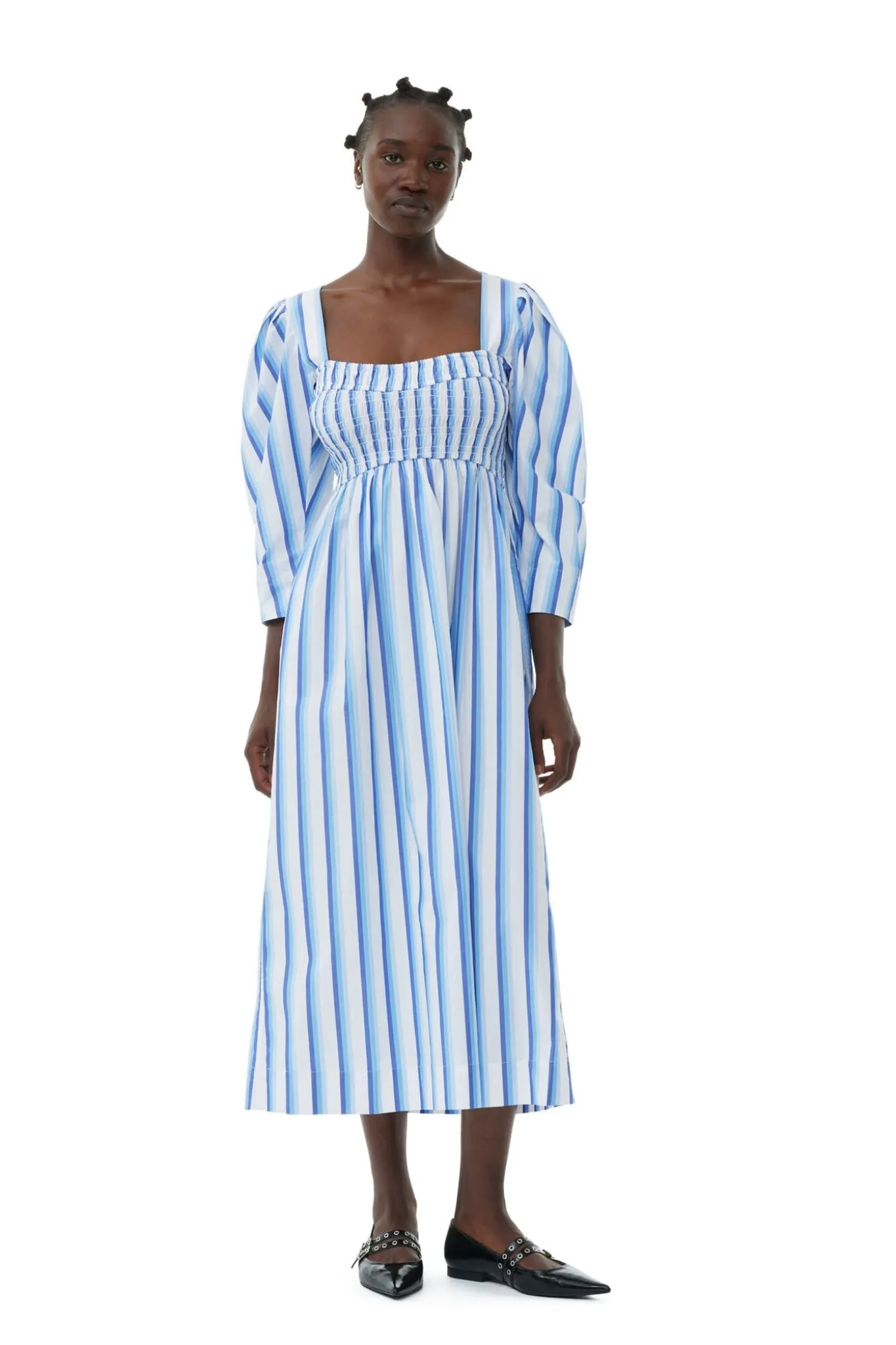 Ganni Stripe Cotton Open-neck Smock Long Dress