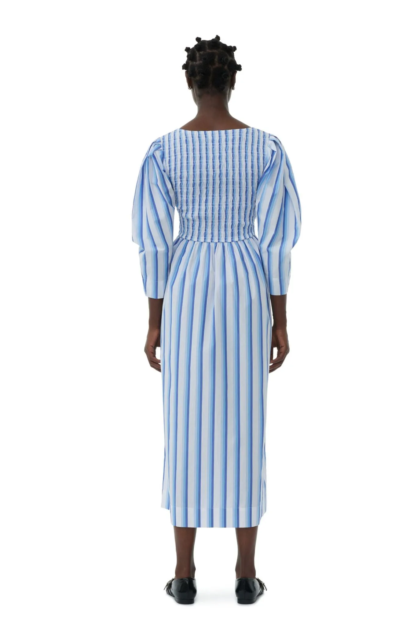 Ganni Stripe Cotton Open-neck Smock Long Dress