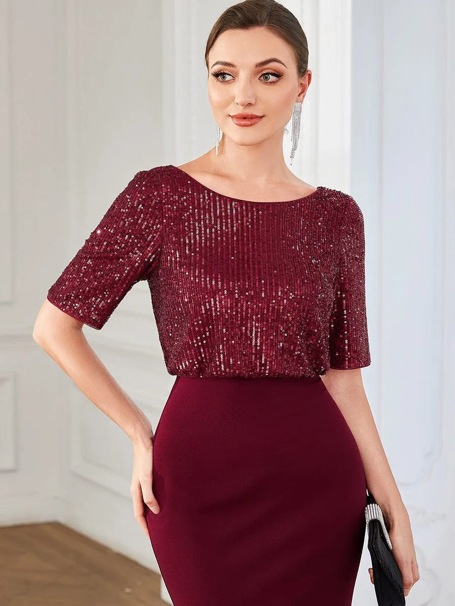 Half Sleeve Sequin Contrast Bodycon Formal Evening Dress