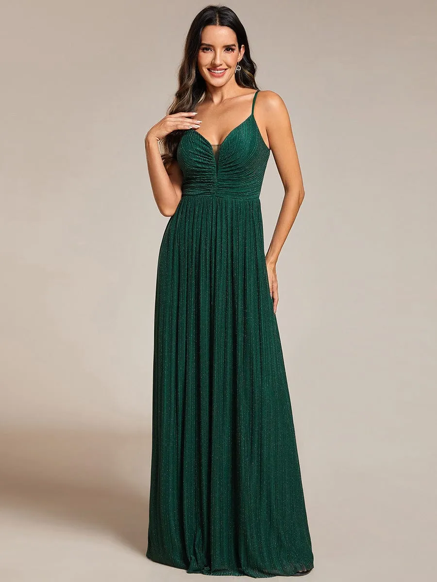 High-Waisted Glittering Spaghetti Straps Formal Evening Dress with Pleated