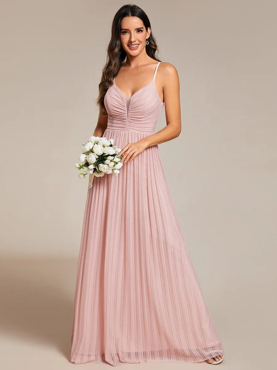 High-Waisted Glittering Spaghetti Straps Formal Evening Dress with Pleated