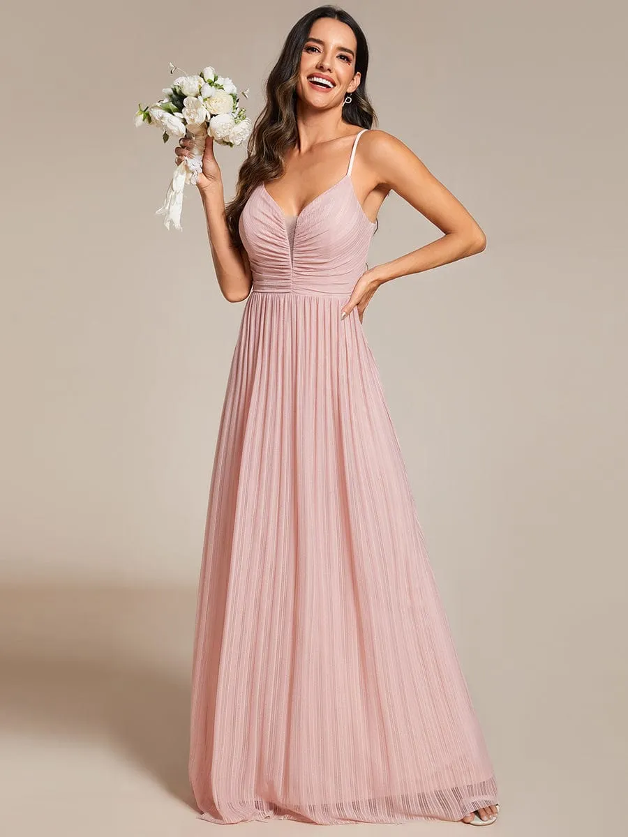 High-Waisted Glittering Spaghetti Straps Formal Evening Dress with Pleated