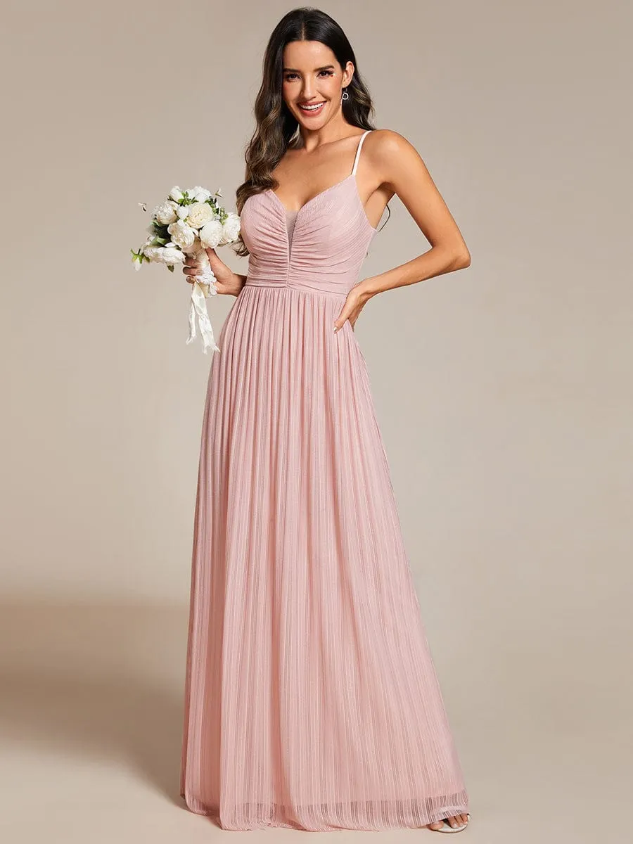 High-Waisted Glittering Spaghetti Straps Formal Evening Dress with Pleated