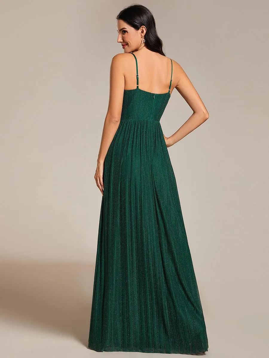 High-Waisted Glittering Spaghetti Straps Formal Evening Dress with Pleated