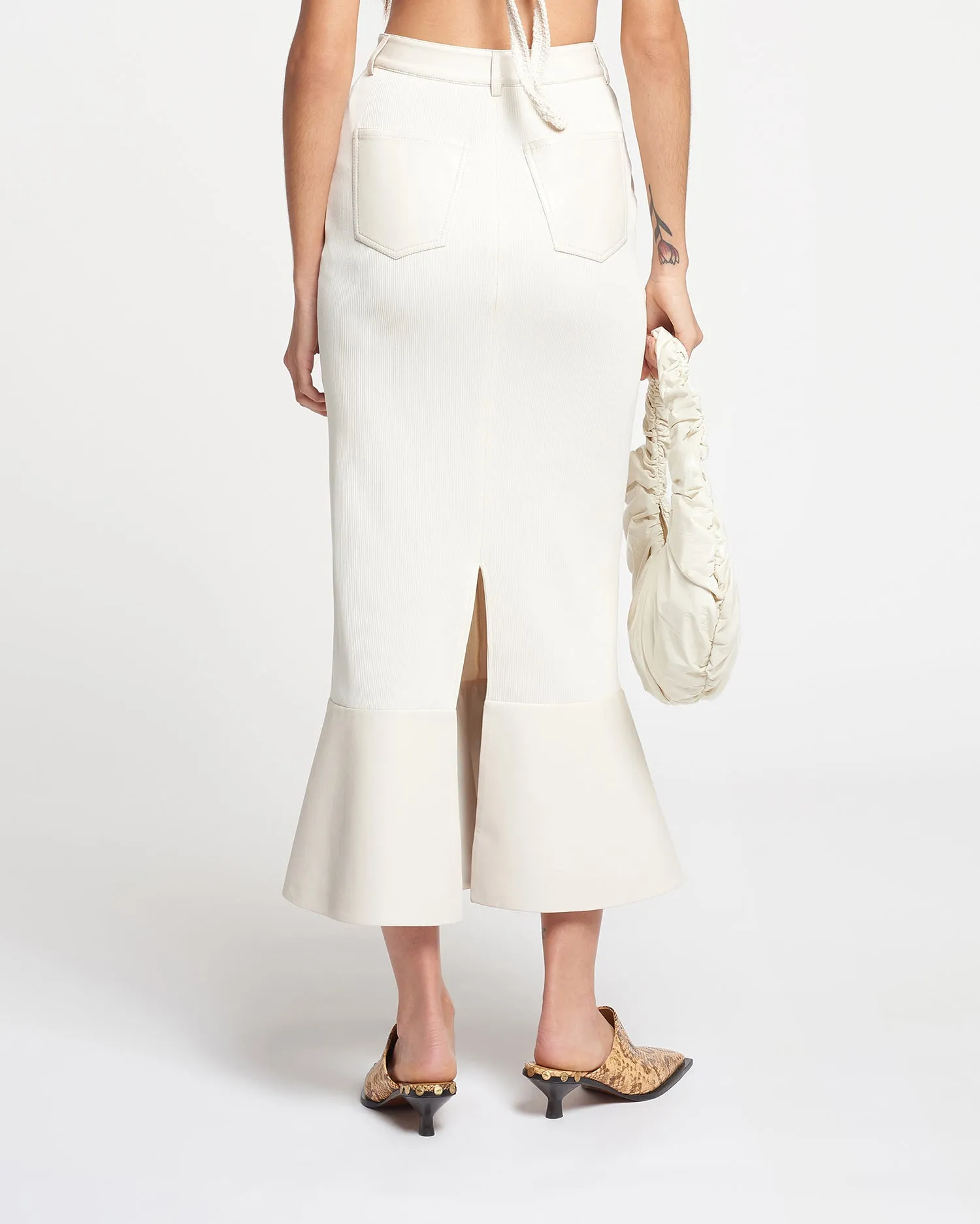 Jenace - Leather-Trimmed Ribbed-Jersey Skirt - Creme