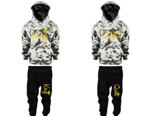 King Queen Couple Matching Grey Cloud Tie Dye Hoodies and Black Jogger Pants Set