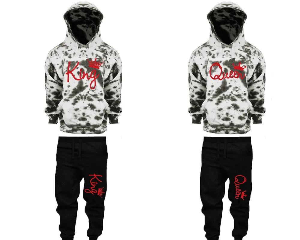 King Queen Couple Matching Grey Cloud Tie Dye Hoodies and Black Jogger Pants Set