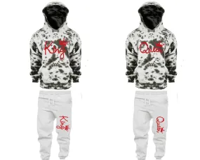 King Queen Couple Matching Grey Cloud Tie Dye Hoodies and Grey Jogger Pants Set