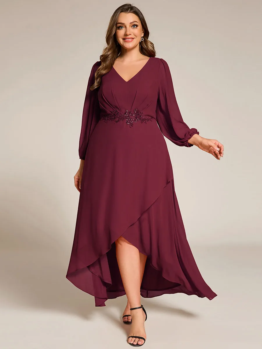 Long Lantern Sleeves Waist Applique Chiffon Formal Evening Dress