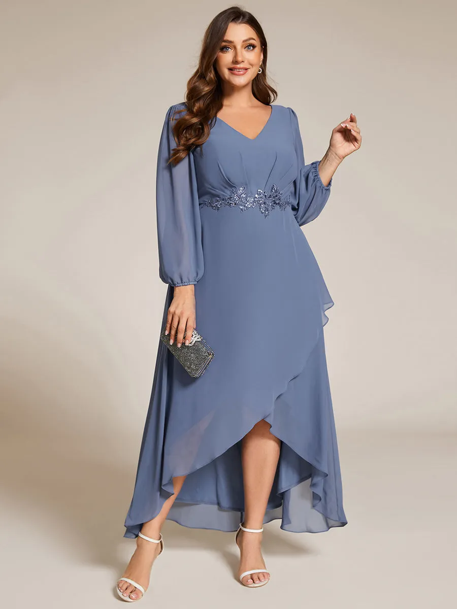 Long Lantern Sleeves Waist Applique Chiffon Formal Evening Dress