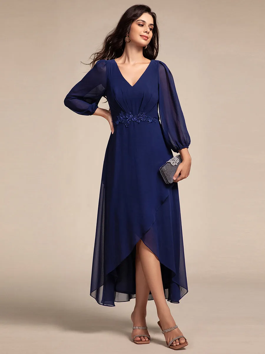 Long Lantern Sleeves Waist Applique Chiffon Formal Evening Dress